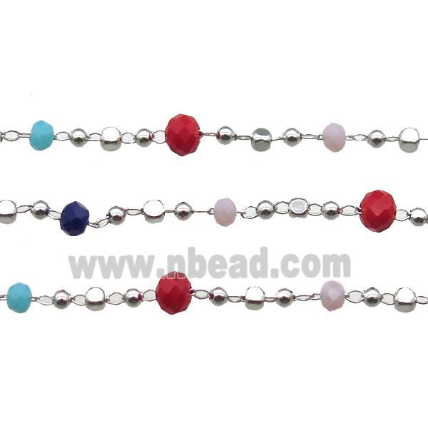 copper chain with crystal glass bead, faceted rondelle, platinum