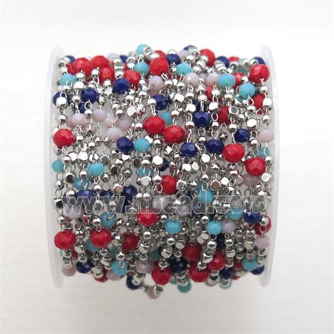 copper chain with crystal glass bead, faceted rondelle, platinum