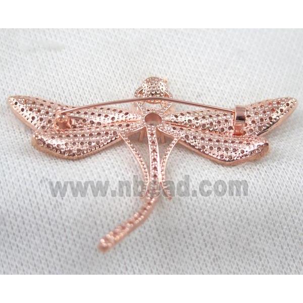 copper dragonfly brooch paved zircon, rose gold