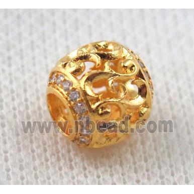 round copper beads paved zircon, hollow, gold plated