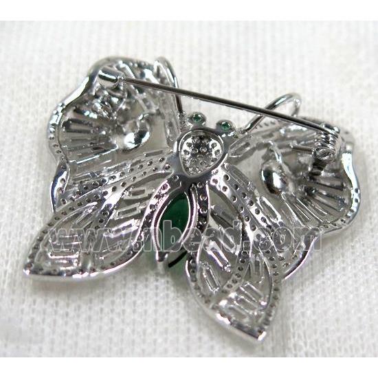 copper butterfly brooch paved zircon, platinum plated
