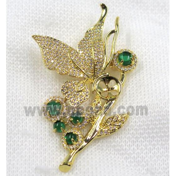 copper brooch paved zircon, gold plated