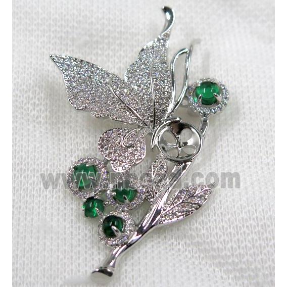 copper brooch paved zircon, platinum plated