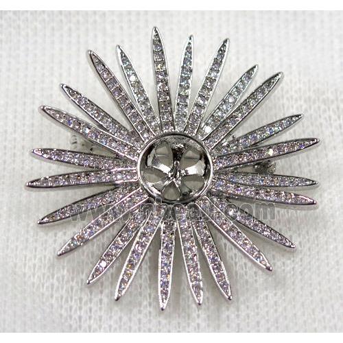 copper sunflower brooch paved zircon, platinum plated