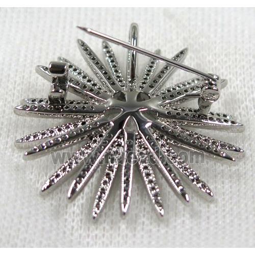 copper sunflower brooch paved zircon, platinum plated