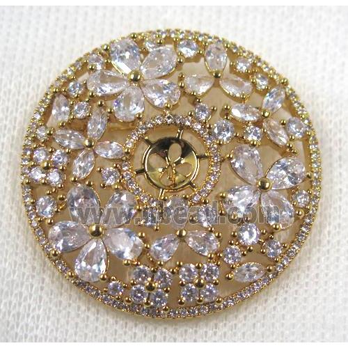copper circle brooch paved zircon, gold plated