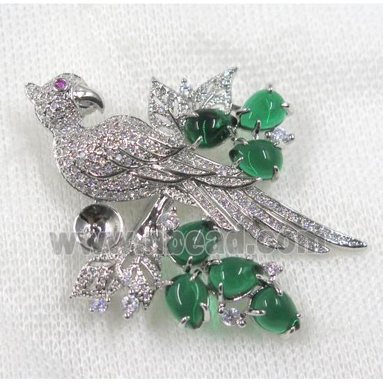 copper brooch paved zircon, platinum plated, bird