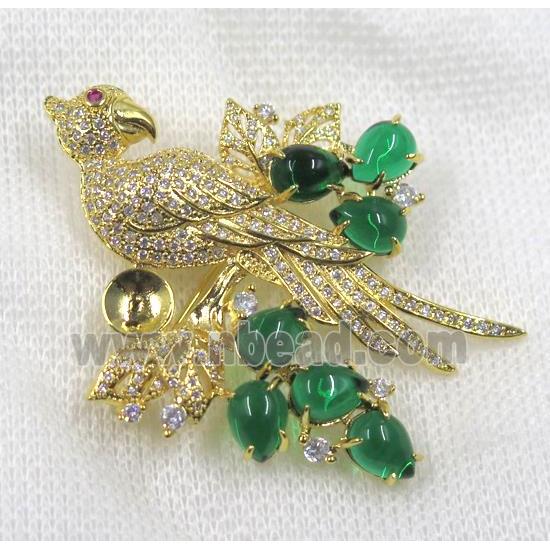 copper brooch paved zircon, gold plated, bird