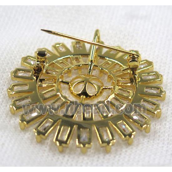 copper brooch paved zircon, gold plated