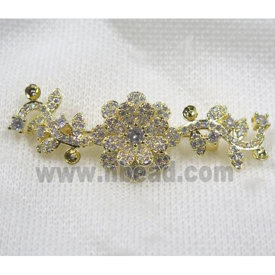 copper flower brooch paved zircon, gold plated