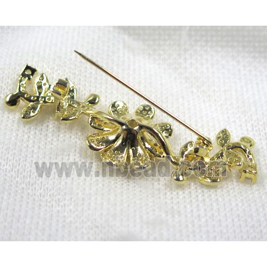 copper flower brooch paved zircon, gold plated