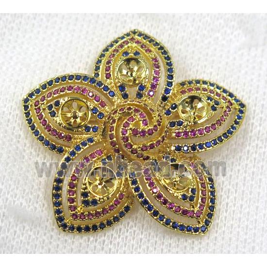 copper brooch paved zircon, gold plated