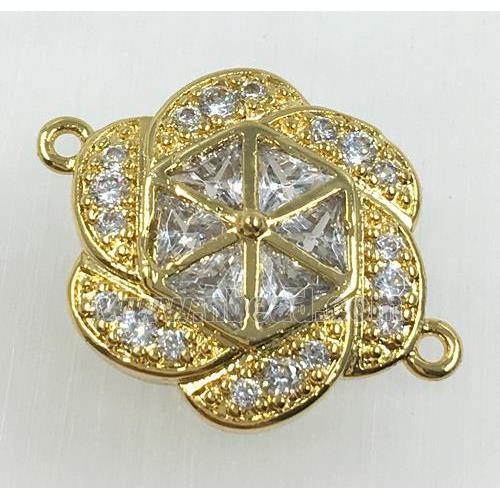 copper flower connector pave zircon, gold plated