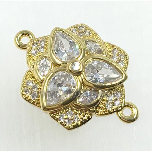 copper flower connector pave zircon, gold plated