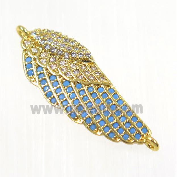 copper Wing connector paved zircon, gold plated, turq