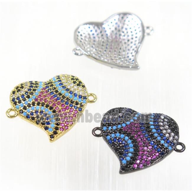 copper Heart connector paved zircon, mix color, multi-color