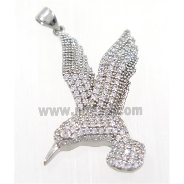 copper Hummingbird pendant paved zircon, platinum plated