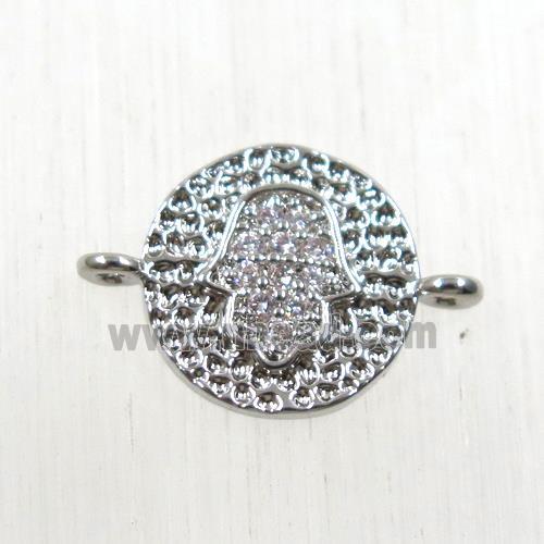 copper circle connector paved zircon with hamsahand, platinum plated