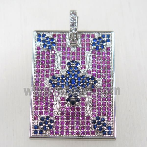 copper rectangle pendant paved zircon, platinum plated