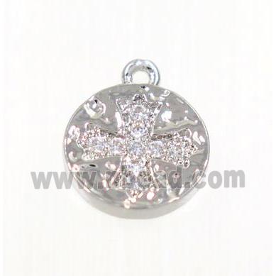 copper button cross pendant pave zircon, platinum plated