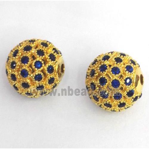 copper bead paved zircon, round, gold plated