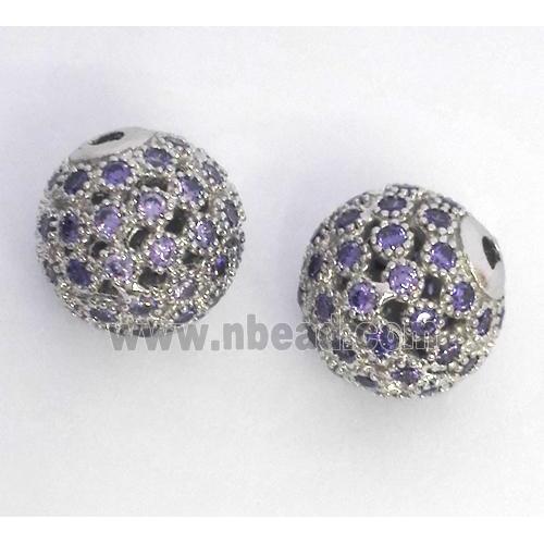 copper bead paved zircon, round, platinum plated