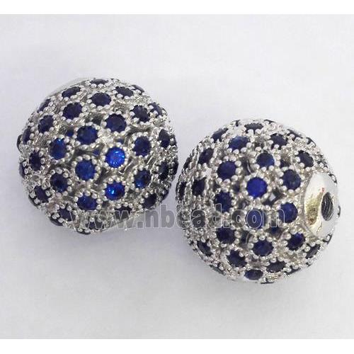 copper bead paved zircon, round, platinum plated