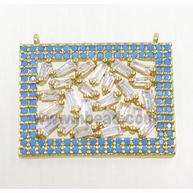 copper rectangle pendant paved zircon with 2loops, gold plated, turq