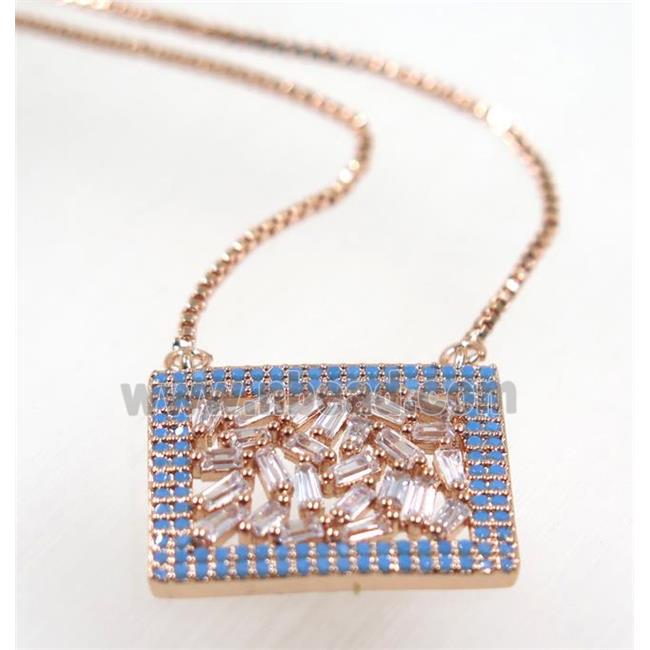 copper rectangle necklace pave zircon, rose gold