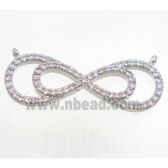 copper pendant paved zircon with 2loops, double infinity, platinum plated