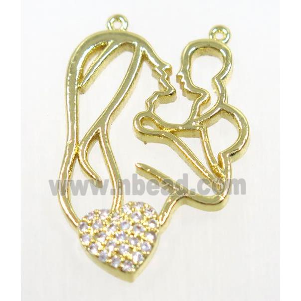 copper pendant paved zircon with 2loops, mama baby, gold plated
