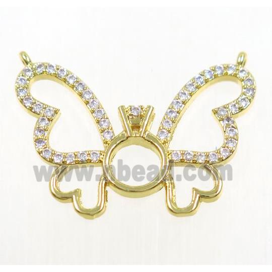 copper butterfly pendant paved zircon with 2loops, gold plated