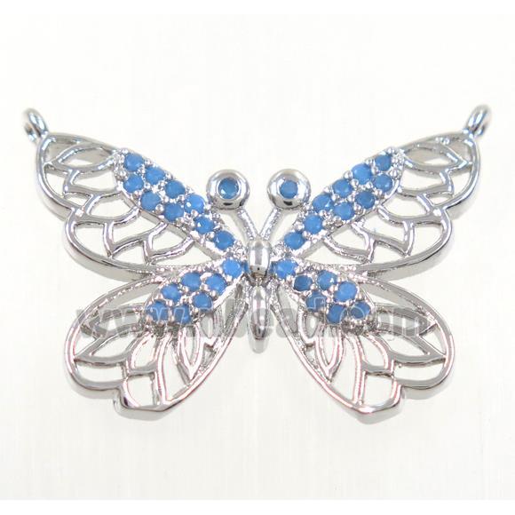 copper butterfly pendant paved zircon with 2loops, platinum plated