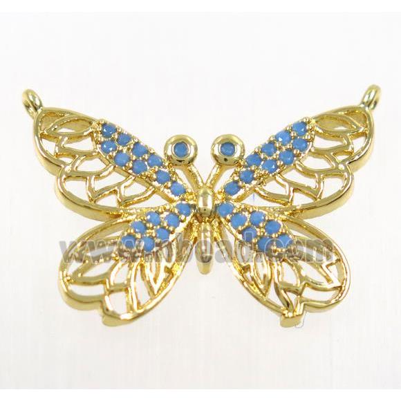 copper butterfly pendant paved zircon with 2loops, gold palted