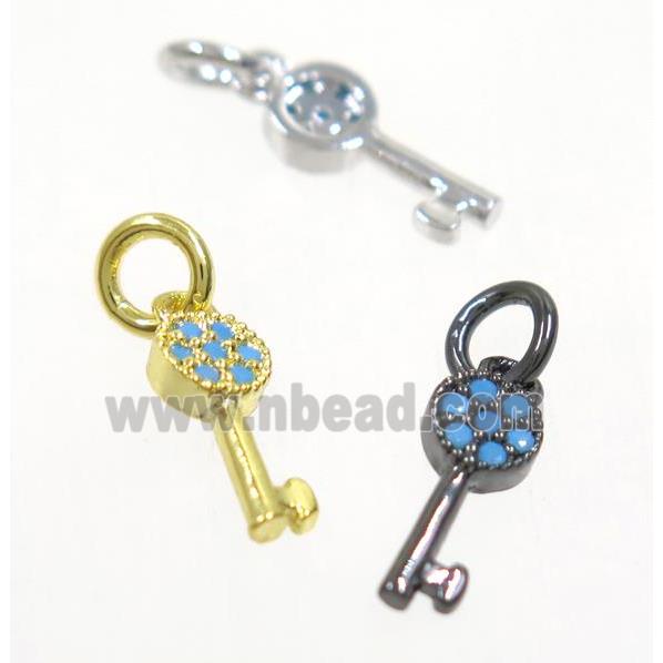 copper Key pendant paved zircon, mix color, turq