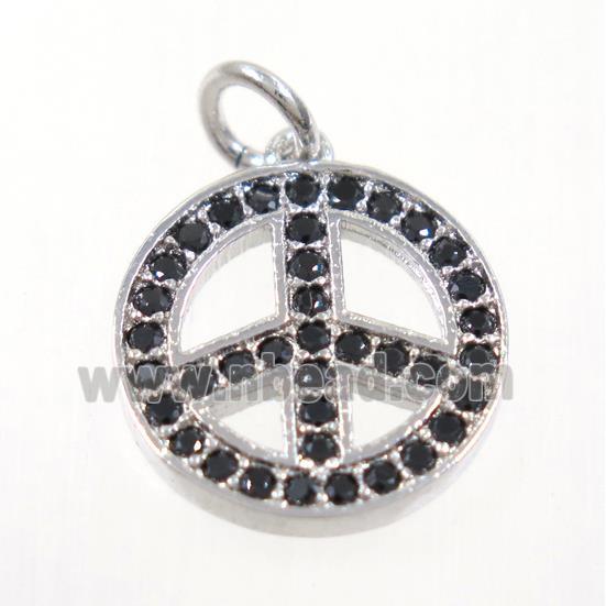 copper Peace Sign pendant paved zircon, platinum plated