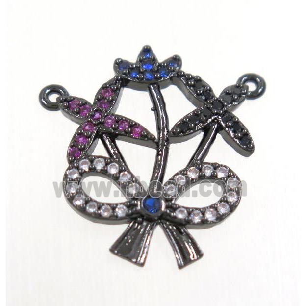 copper flower pendant paved zircon with 2loops, black plated