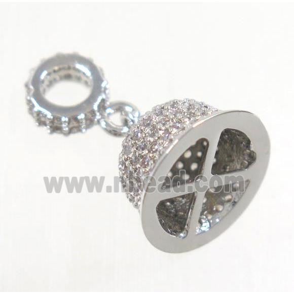 copper Bell pendant paved zircon, tassel bail, platinum plated