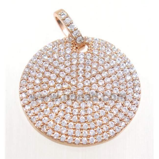 copper circle pendant paved zircon, rose gold