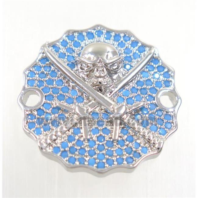 copper Jolly Roger connector paved zircon, platinum plated, turq