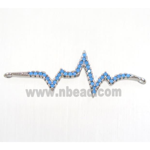 copper cardiogram connector paved zircon, platinum plated, turq