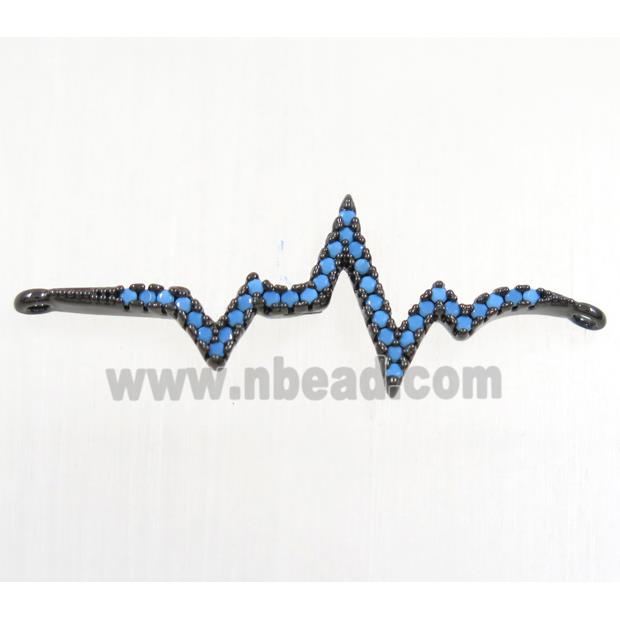 copper cardiogram connector paved zircon, black plated, turq