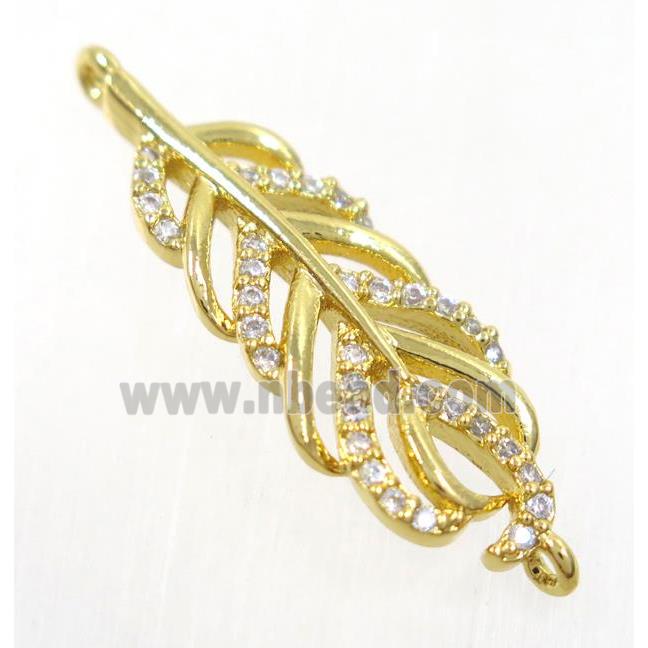 copper feather connector paved zircon, gold plated