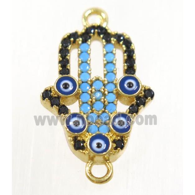 copper hamsahand connector paved zircon with evil eye, gold plated
