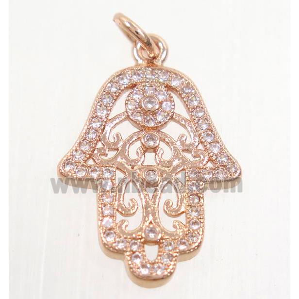 copper hamsahand pendant paved zircon, rose gold