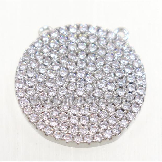 copper button circle pendant paved zircon with 2loops, platinum plated