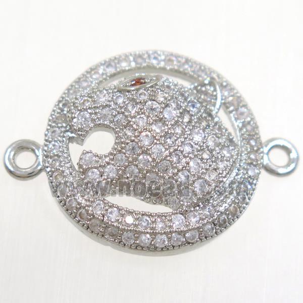 copper leopardHead connector paved zircon, platinum plated
