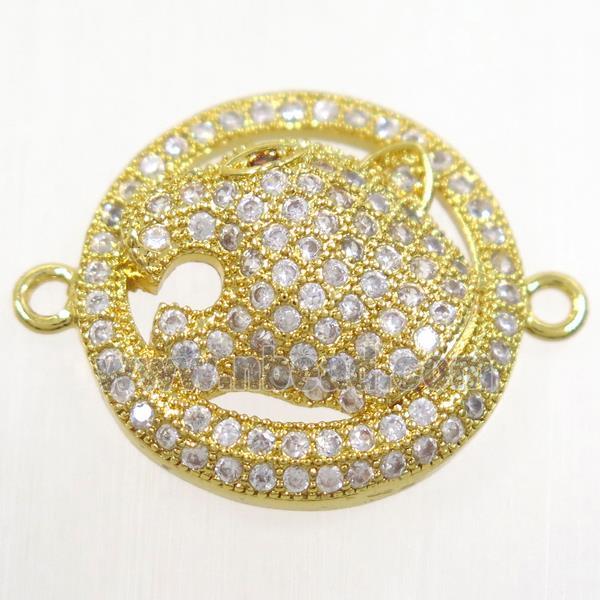 copper leopardHead connector paved zircon, gold plated