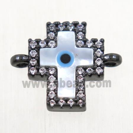 copper cross connector paved zircon with shell evil eye, black plated