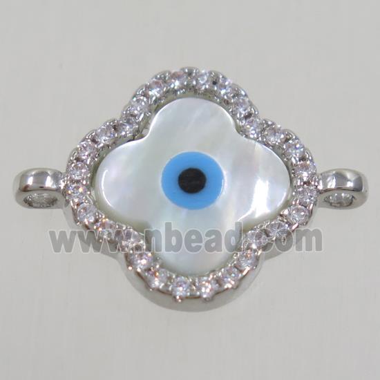 copper four-leaf Clover connector paved zircon with evil eye, platinum plated